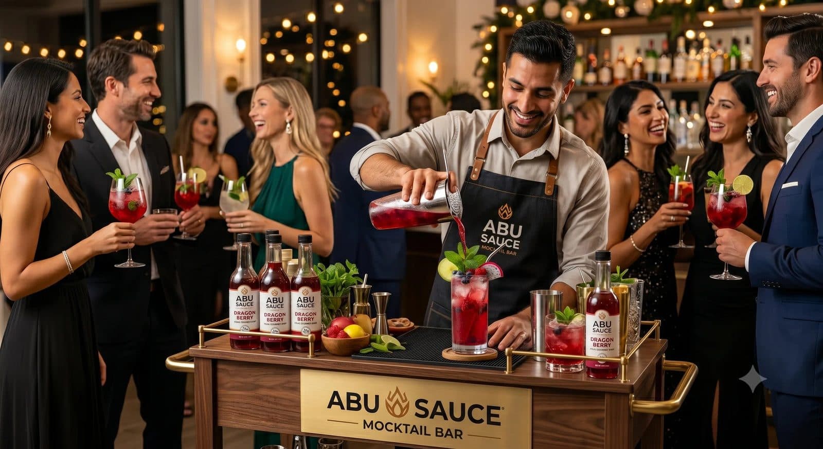 A bartender pouring a mocktail at an event bar with guests in the background