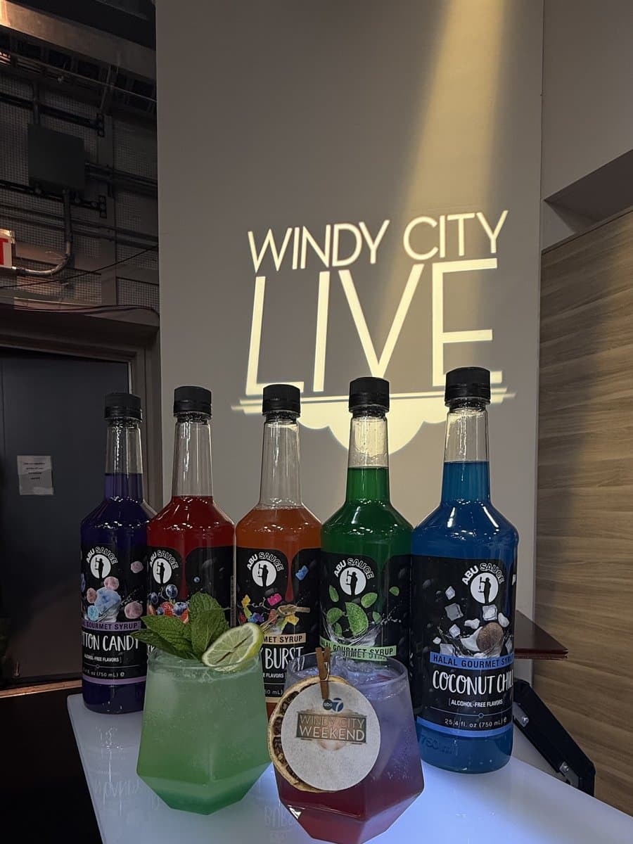 Abu Sauce halal gourmet syrup bottles and garnished mocktails on set at Windy City LIVE