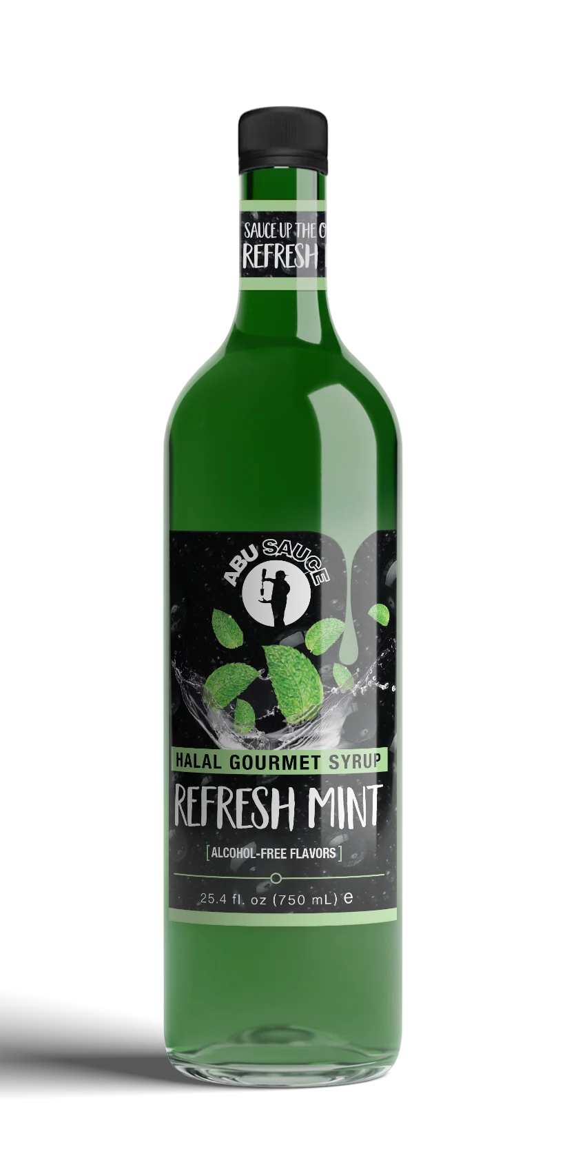 Green bottle of Refresh Mint syrup with a black label on a white background